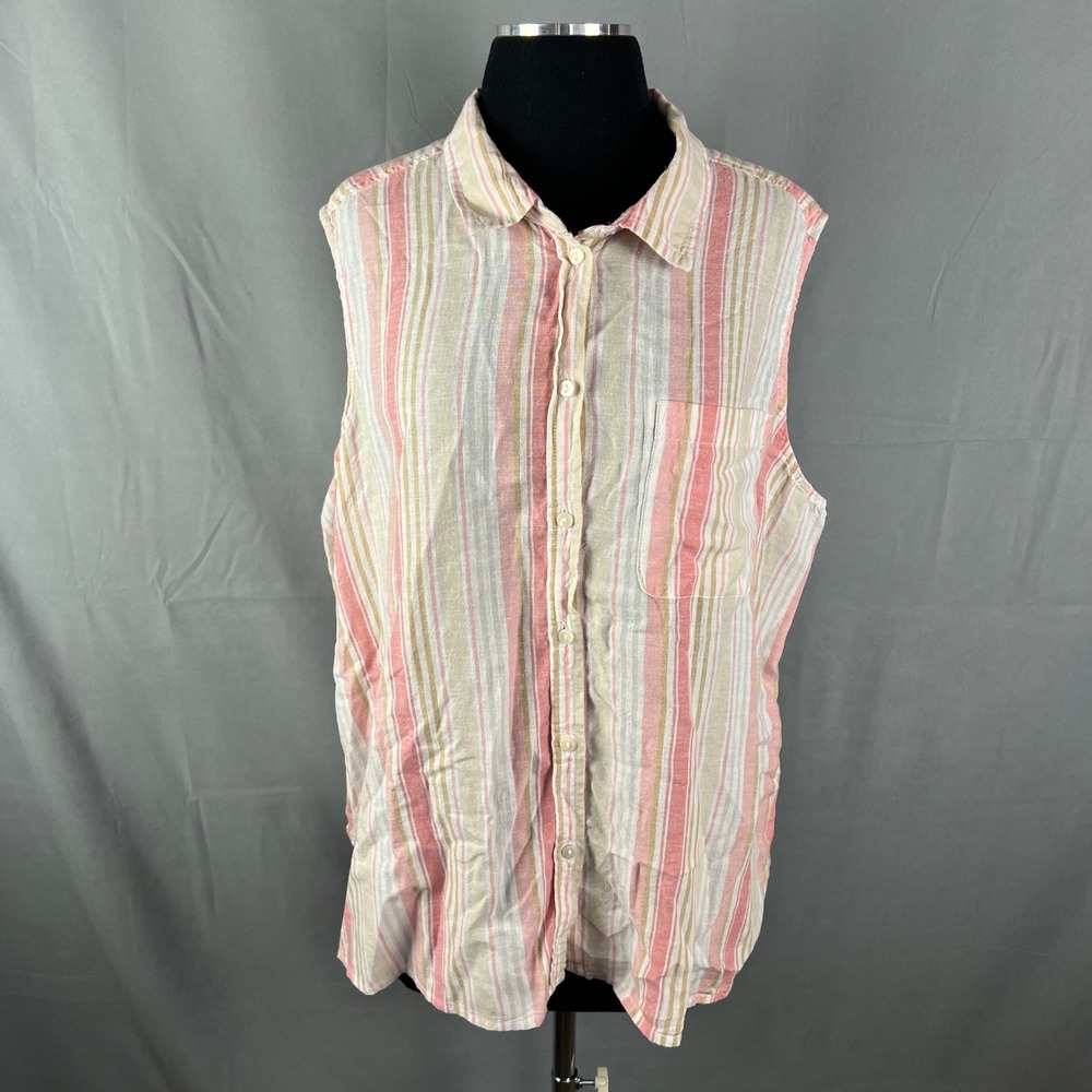 Time And True Sleeveless Top Womens 3XL Multicolor Striped Linen Button Front